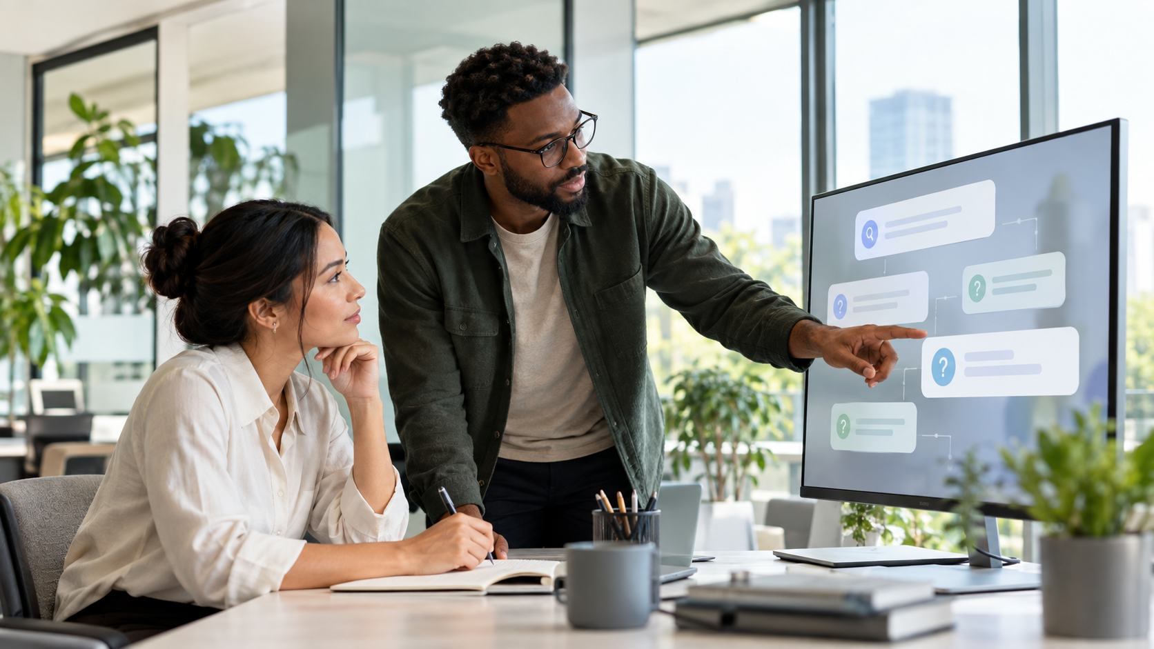 Team reviewing buyer questions that AI assistants answer