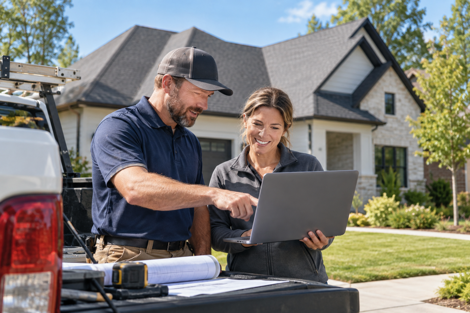 Home services business owners reviewing visibility results on a laptop
