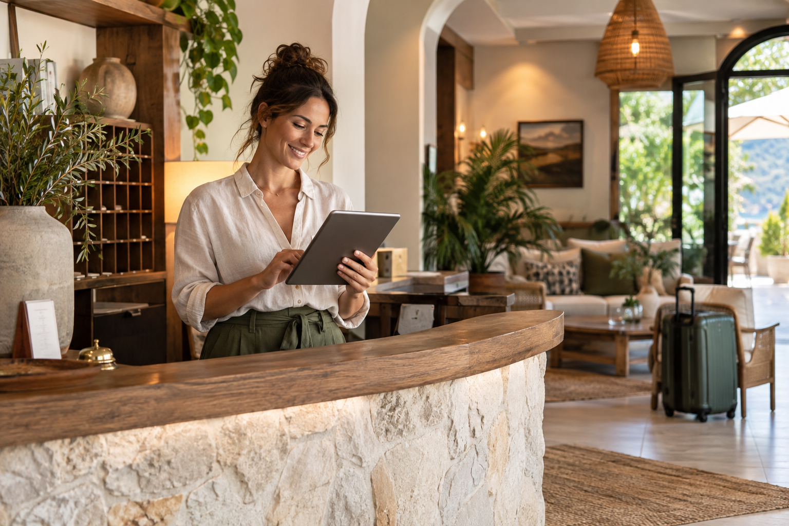 Hospitality business owner using a tablet in a welcoming venue