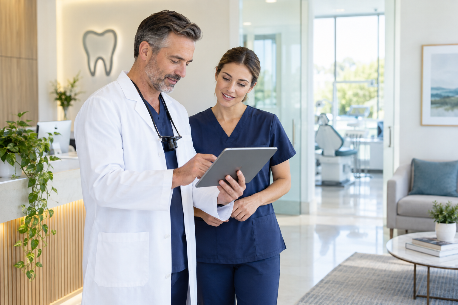 Medical practice owner reviewing AI visibility dashboard on a tablet
